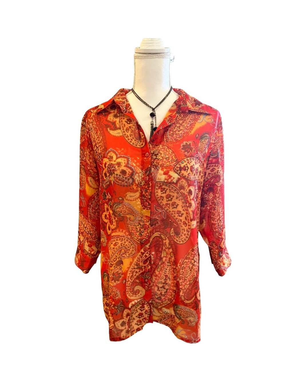 Coldwater Creek Red Paisley Print Button-Up Tunic Shirt Petite Small